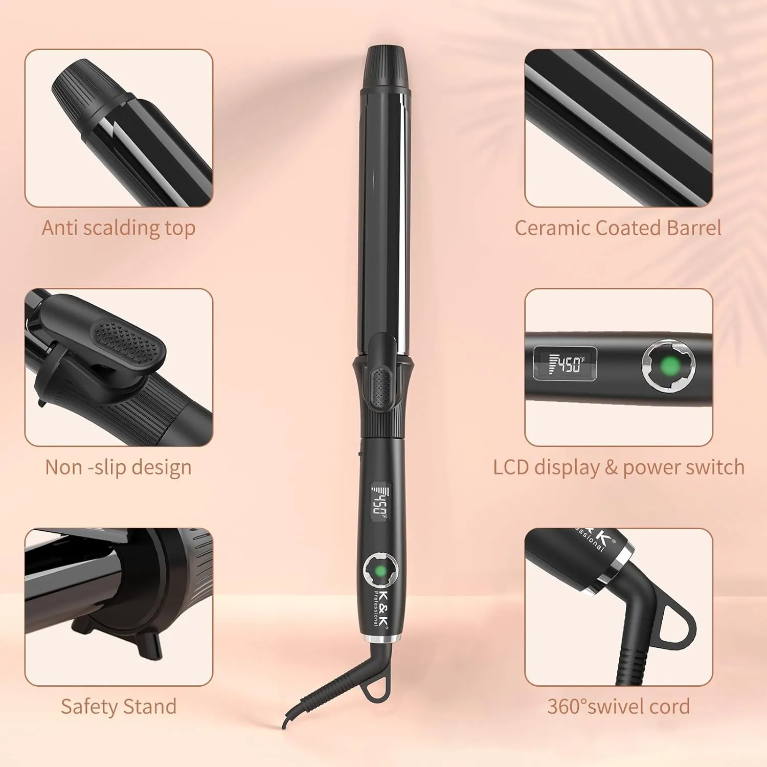 1 1/4 Inch Curling Iron with Clipped Tourmaline Ceramic Barrel Professional 1.25 Inch Hair Curler up to 450°F Dual Voltage for Traveling 60 Mins Auto Off Suit for Different (Black, 1.25 Inch)