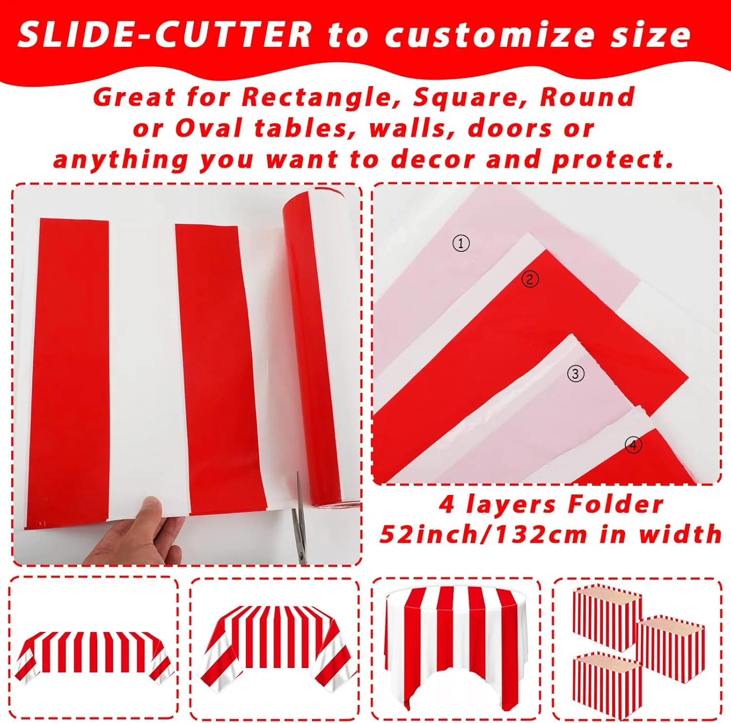 100Ft Long Tablecloth Roll Red and White Striped Tablecloth Carnival Circus Tent Party Supplies Christmas Plastic Picnic Table Cover for Birthday Halloween Party Circus Backdrop Banner Decoration