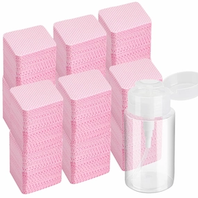 1080PCS Nail Cotton Pads, Disposable Lint Free Nail Polish Remover Pads with a 150 ml Pump Dispenser Bottle for Gel Polish Acrylic Nail Remover, Pink (2 wipes and plastic bottle)