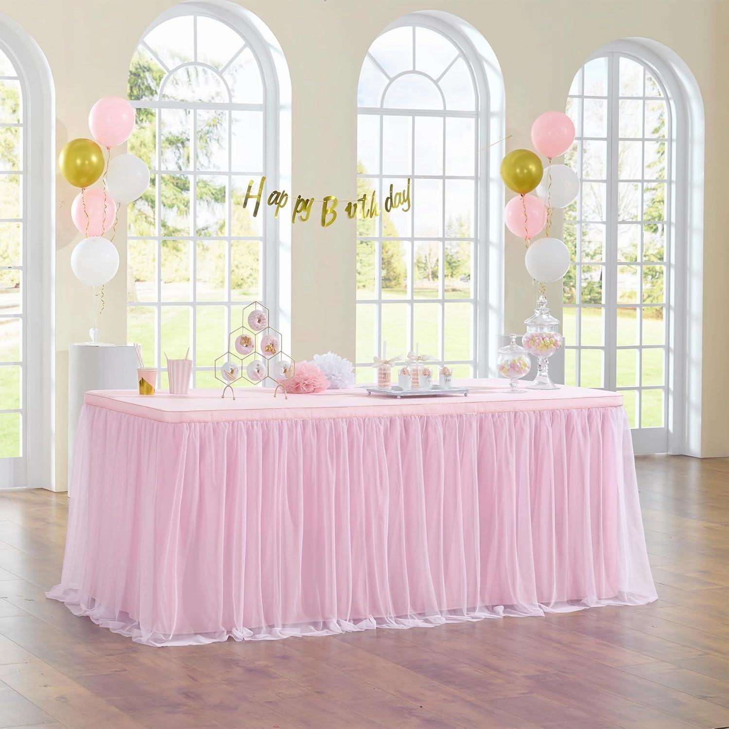108in Baby Pink Tulle Table Skirts for Rectangle Tables 6ft 8ft 4ft, 2-Layer 9 ft Long Gold Grim Princess Pink Ruffle Tulle Tutu Table Skirt Cloth for Girl Birthday Baby Cake Dessert(No Table Cover)