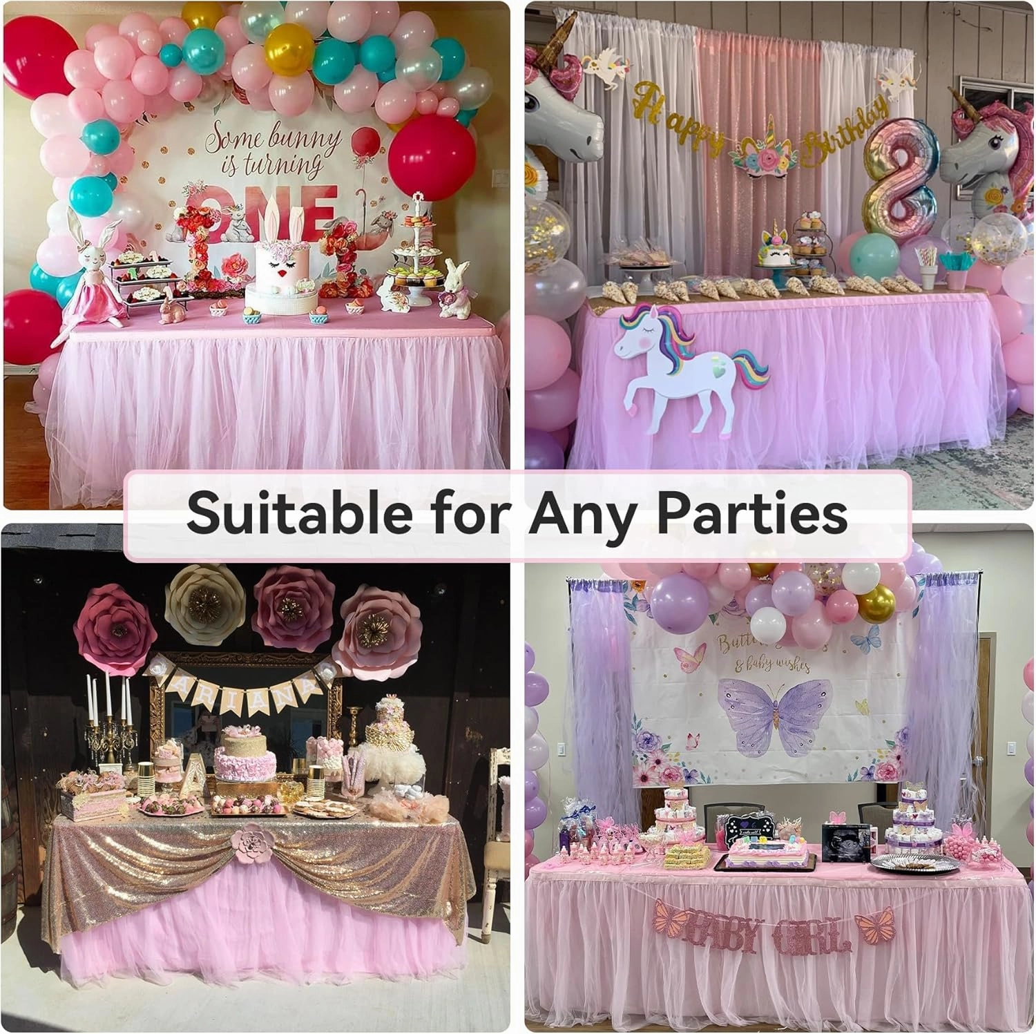 108in Baby Pink Tulle Table Skirts for Rectangle Tables 6ft 8ft 4ft, 2-Layer 9 ft Long Gold Grim Princess Pink Ruffle Tulle Tutu Table Skirt Cloth for Girl Birthday Baby Cake Dessert(No Table Cover)