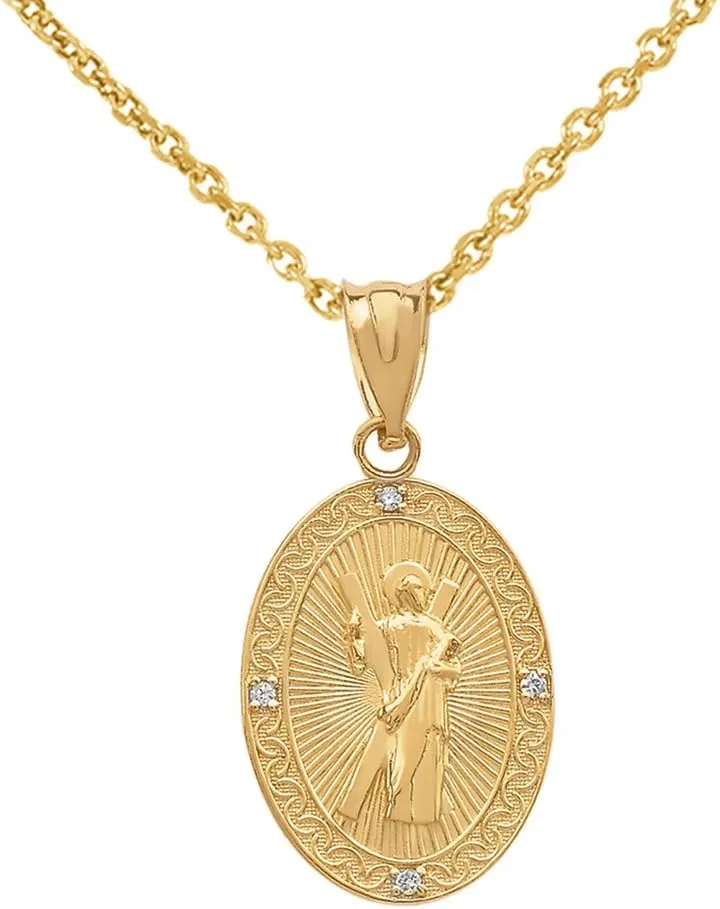 10k Gold Saint Andrew the Apostle Diamond Oval Medal Charm Necklace (Small)