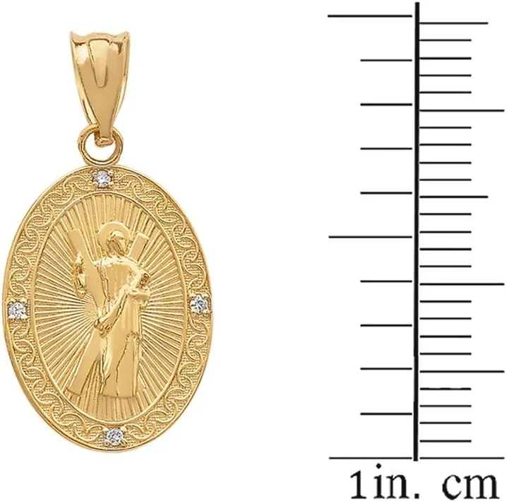 10k Gold Saint Andrew the Apostle Diamond Oval Medal Charm Necklace (Small)
