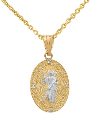 10k Two-Tone Gold Saint Andrew the Apostle Diamond Oval Medal Charm Necklace (Small)