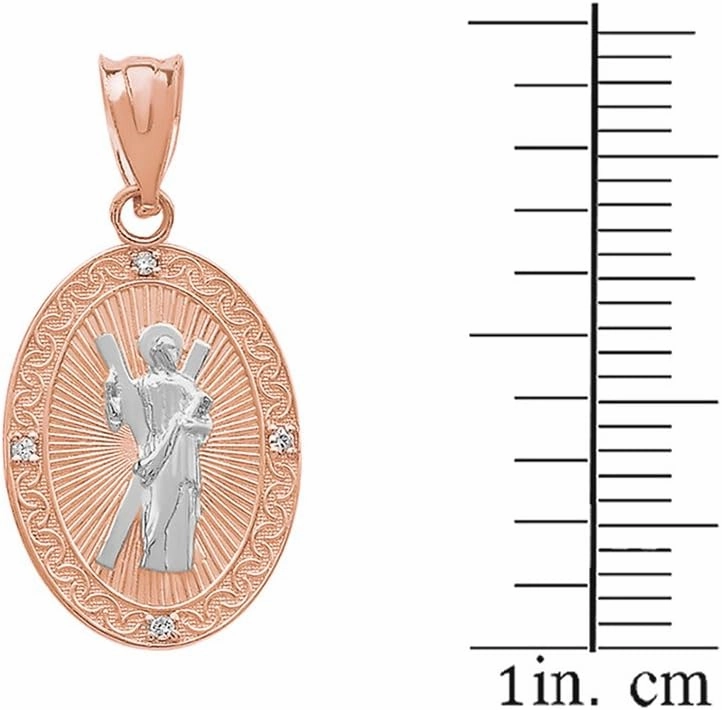 10k Two-Tone Rose Gold Saint Andrew the Apostle Diamond Oval Medal Charm Necklace (Small)