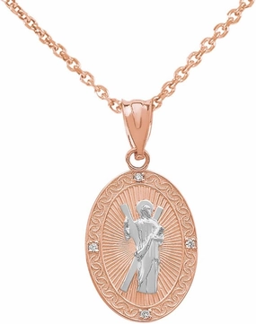 10k Two-Tone Rose Gold Saint Andrew the Apostle Diamond Oval Medal Charm Necklace (Small)