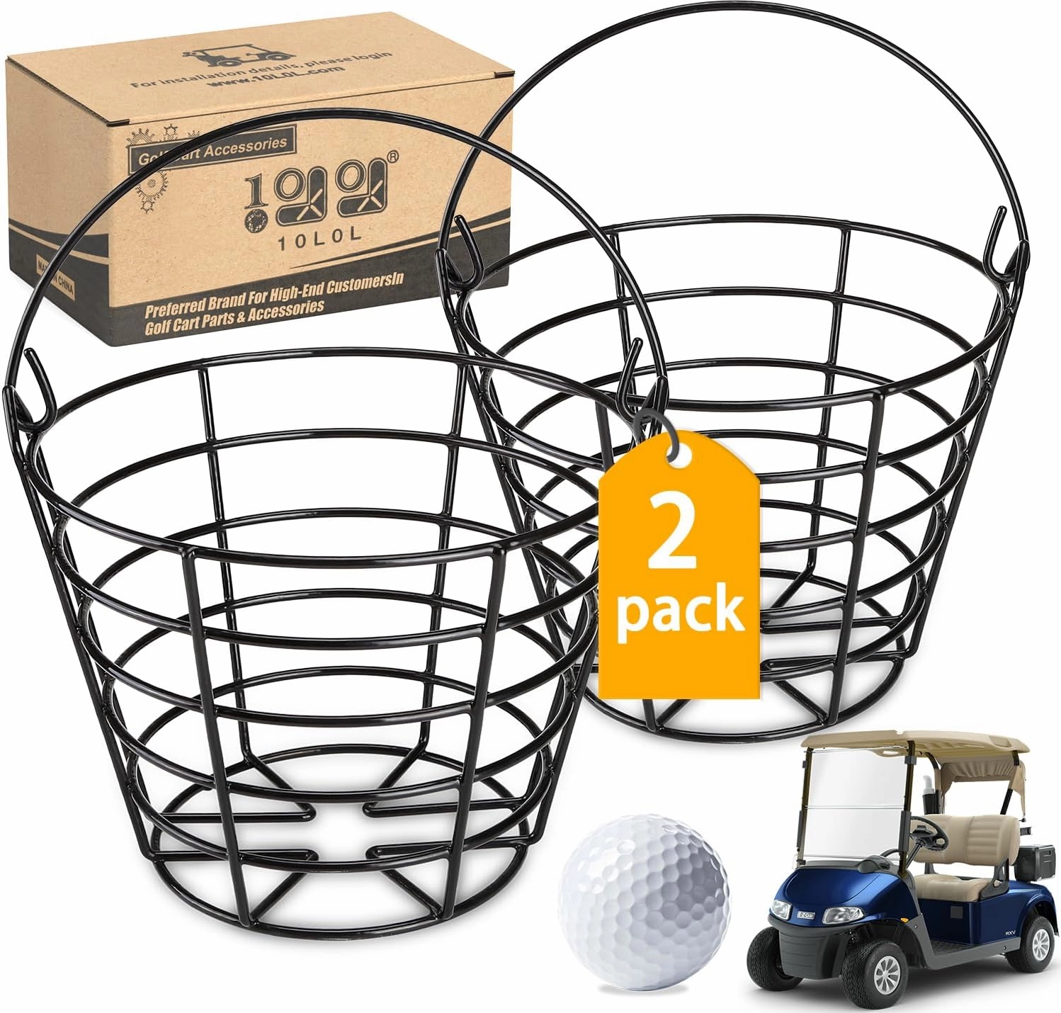 10L0L 2 Pack Metal Range Golf Ball Baskets with Handle, Golf Ball Storage Bucket, Holds 50 Balls Each (GolfBalls Not Included)