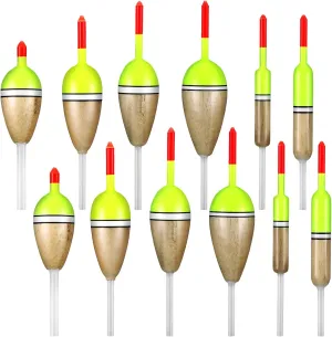 12 Pcs Fishing Float Slip Bobber Wood Fishing Stick Slip Balsa Bobber in 6 Size for Crappie Bluegill Trout Bass Panfish Catfish Walleye Tackle Accessories