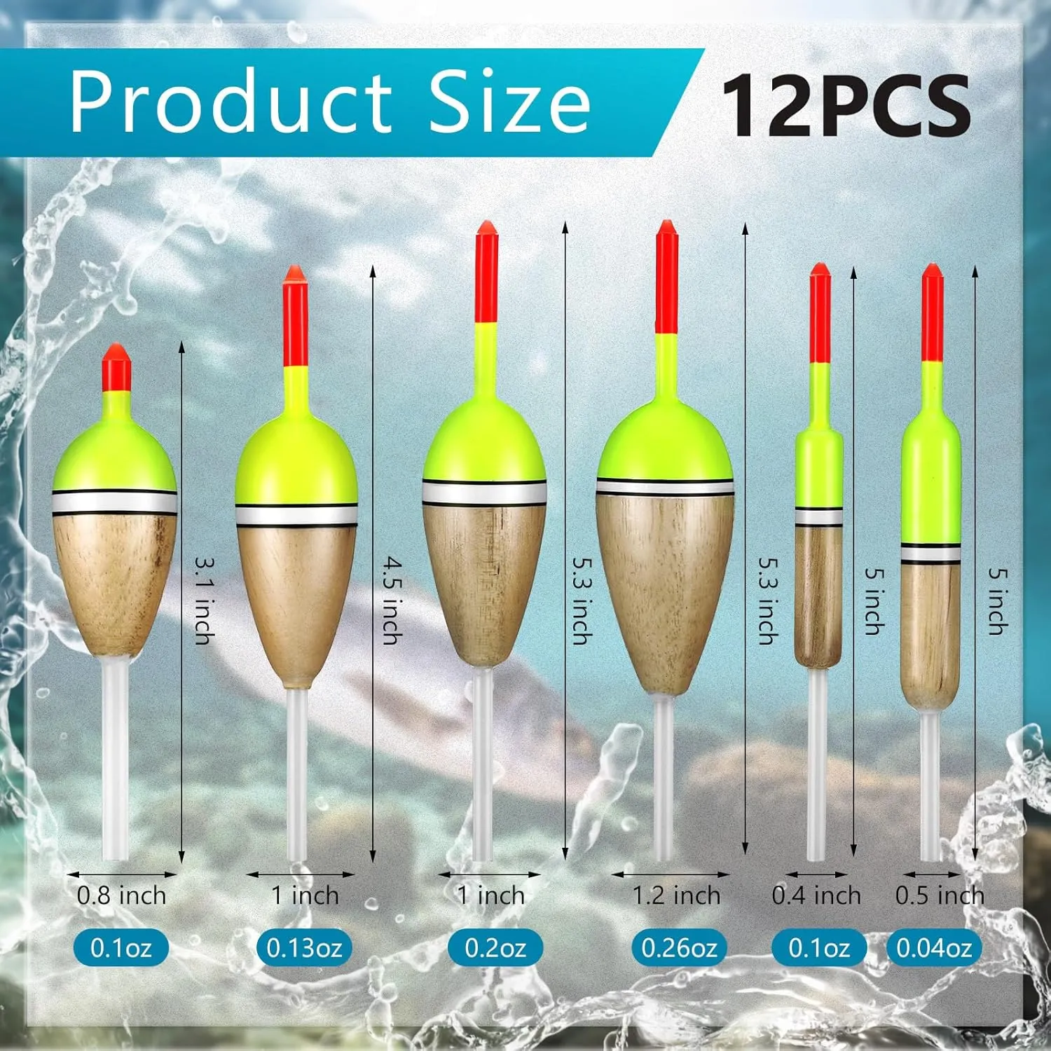 12 Pcs Fishing Float Slip Bobber Wood Fishing Stick Slip Balsa Bobber in 6 Size for Crappie Bluegill Trout Bass Panfish Catfish Walleye Tackle Accessories