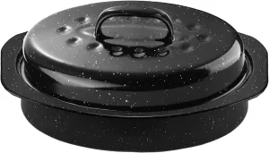 13Inch Roasting Pan, Enamel on Steel, Black Covered Oval Roaster Pan with Lid, Small Cookware for Turkey, Small Chicken, Roast Baking Pan.