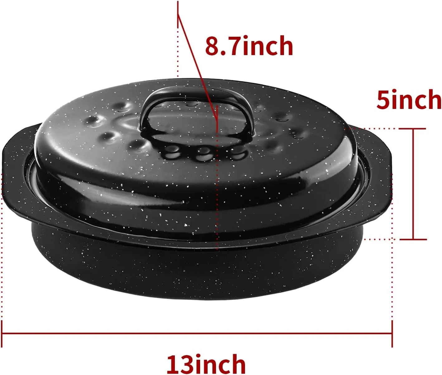13Inch Roasting Pan, Enamel on Steel, Black Covered Oval Roaster Pan with Lid, Small Cookware for Turkey, Small Chicken, Roast Baking Pan.