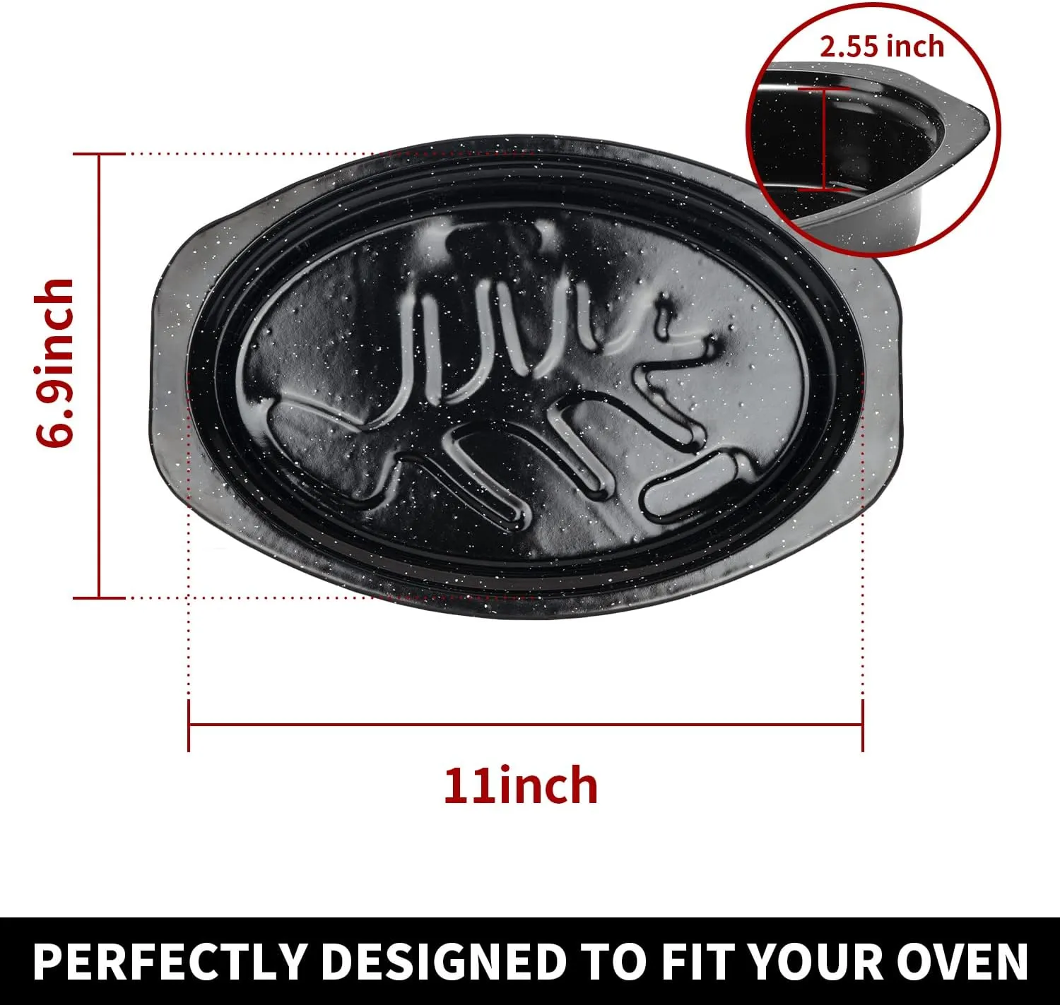 13Inch Roasting Pan, Enamel on Steel, Black Covered Oval Roaster Pan with Lid, Small Cookware for Turkey, Small Chicken, Roast Baking Pan.