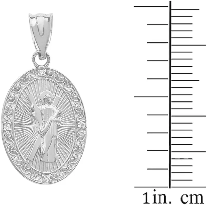 14k White Gold Saint Andrew the Apostle Diamond Oval Medal Charm Necklace (Small)
