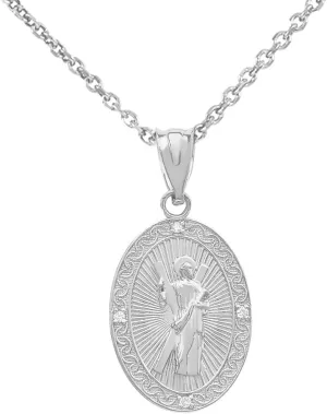 14k White Gold Saint Andrew the Apostle Diamond Oval Medal Charm Necklace (Small)