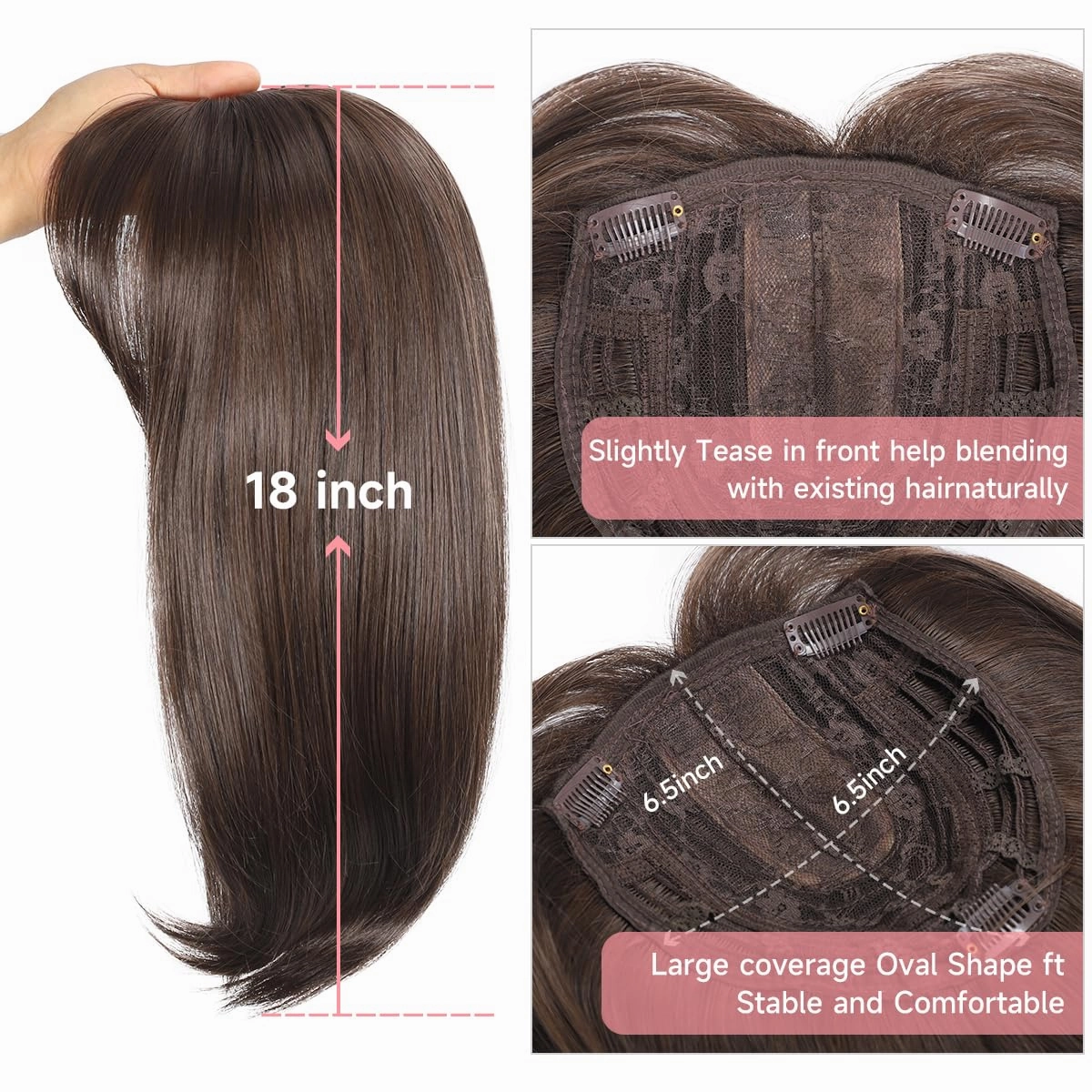 18 inch Hair Toppers for Women with Thinning Hair Straight Hair Topper 6.5"x6.5" large Base with Bangs Hairpiece Light and Natural Hair Piece (Chestnut Brown)