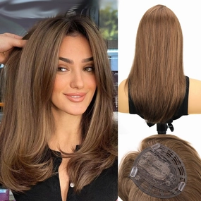 18 inch Hair Toppers for Women with Thinning Hair Straight Hair Topper Synthetic Wig Clip In Hair Topper 6.5""x6.5"" large Base with Bangs Hairpiece Light and Natural Hair Piece Brown