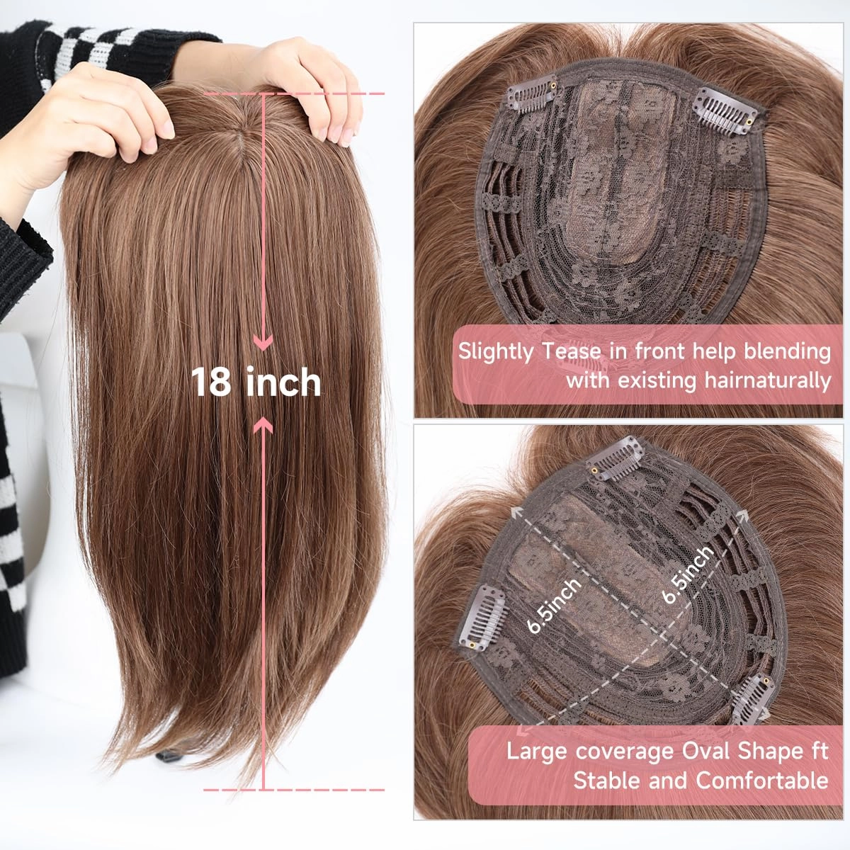 18 inch Hair Toppers for Women with Thinning Hair Straight Hair Topper Synthetic Wig Clip In Hair Topper 6.5""x6.5"" large Base with Bangs Hairpiece Light and Natural Hair Piece Brown