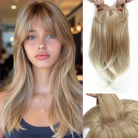 18 inch Hair Toppers for Women with Thinning Straight Synthetic Hair Topper 6.5"x6.5" large Base with Bangs Light and Natural Mixed Blonde