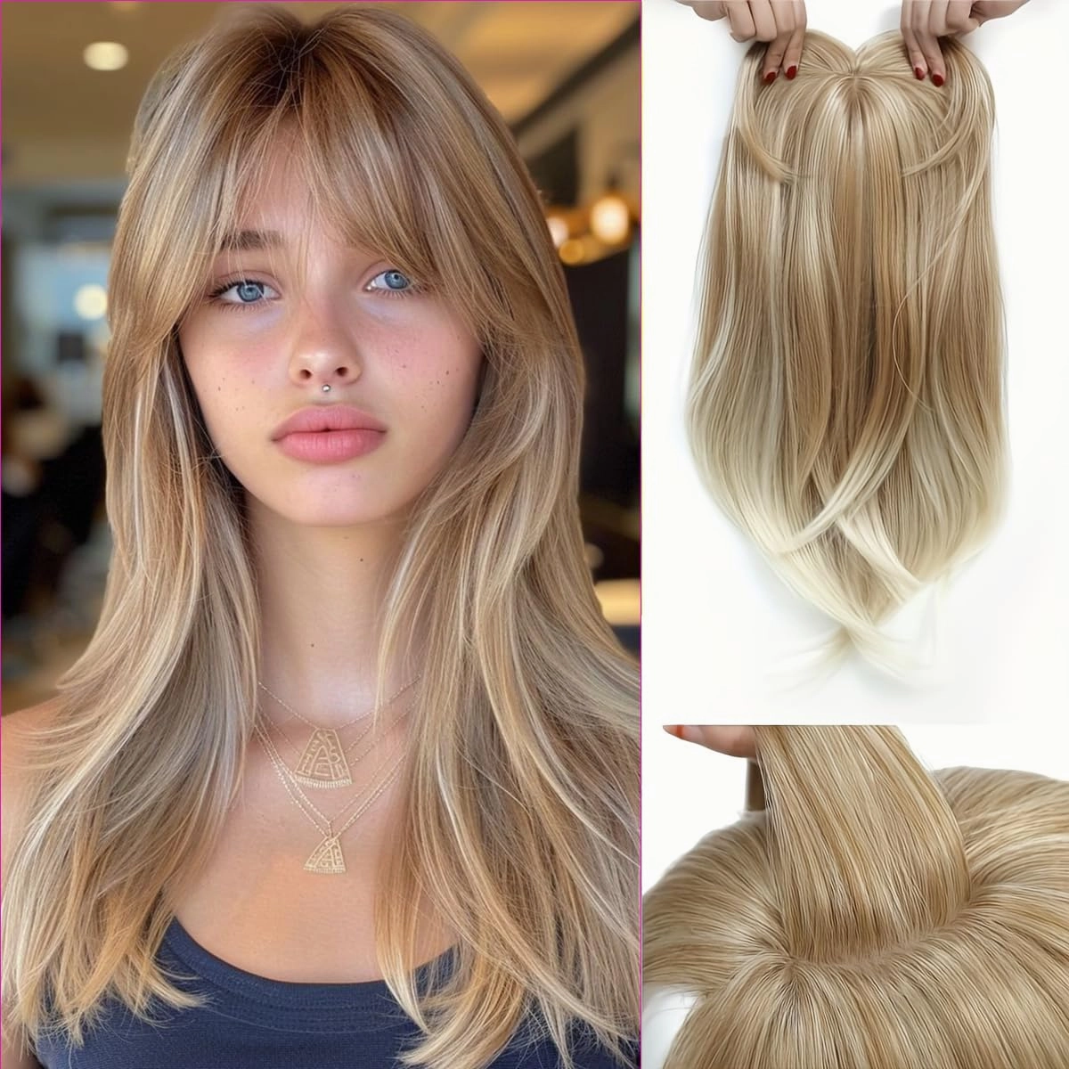 18 inch Hair Toppers for Women with Thinning Straight Synthetic Hair Topper 6.5"x6.5" large Base with Bangs Light and Natural Mixed Blonde
