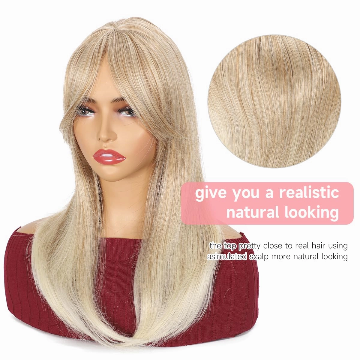 18 inch Hair Toppers for Women with Thinning Straight Synthetic Hair Topper 6.5"x6.5" large Base with Bangs Light and Natural Mixed Blonde