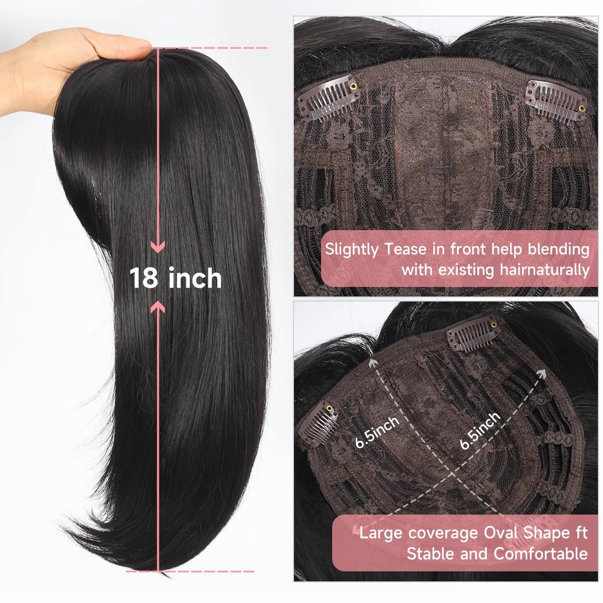 18 inch Hair Toppers for Women with Thinning Straight Topper 6.5"x6.5" large Base with Bangs Synthetic Wig Clip In Light and Natural Hair Piece Black