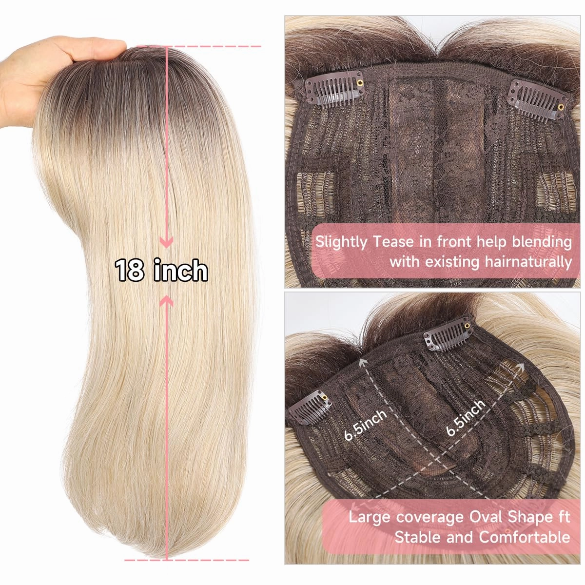 18 inch Toppers for Women with Thinning Hair - Straight Synthetic Fiber Hair Topper 6.5"x6.5" Large Base with Bangs - Light Natural Ombre Blonde with Dark Brown Root