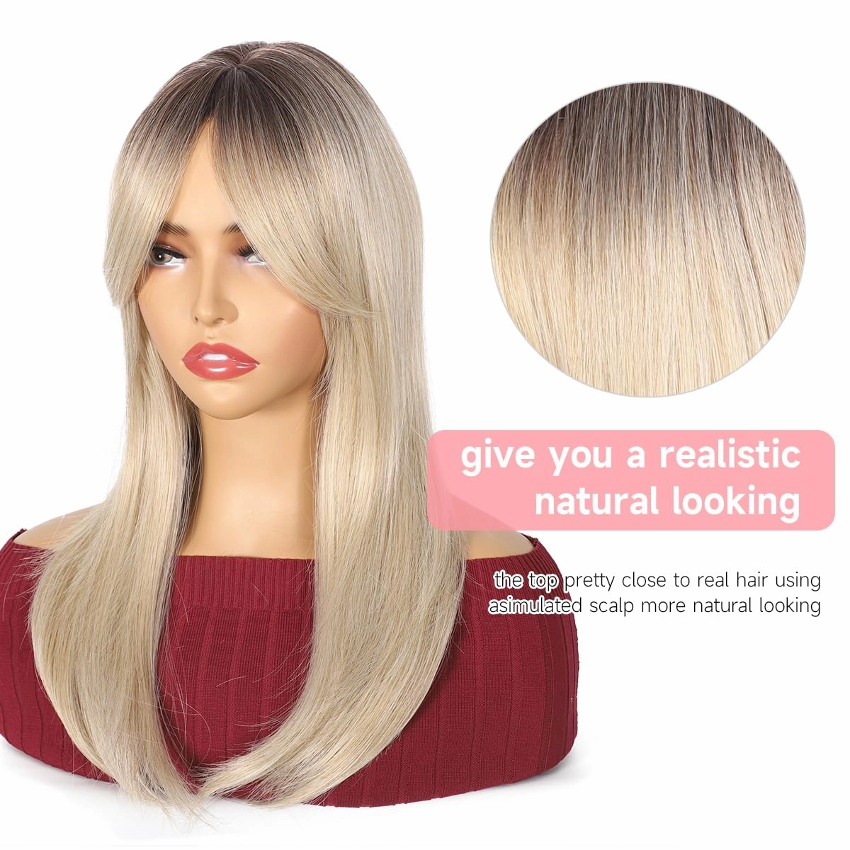 18 inch Toppers for Women with Thinning Hair - Straight Synthetic Fiber Hair Topper 6.5"x6.5" Large Base with Bangs - Light Natural Ombre Blonde with Dark Brown Root