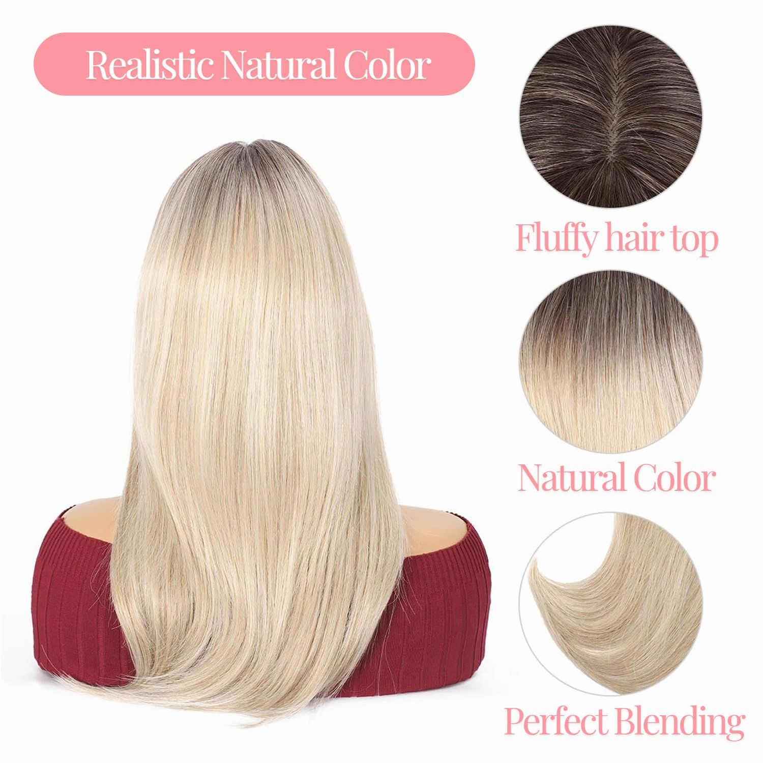 18 inch Toppers for Women with Thinning Hair - Straight Synthetic Fiber Hair Topper 6.5"x6.5" Large Base with Bangs - Light Natural Ombre Blonde with Dark Brown Root