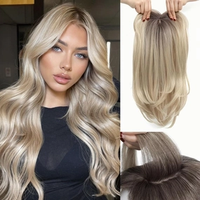 18 inch Toppers for Women with Thinning Hair - Straight Synthetic Fiber Hair Topper 6.5"x6.5" Large Base with Bangs - Light Natural Ombre Blonde with Dark Brown Root