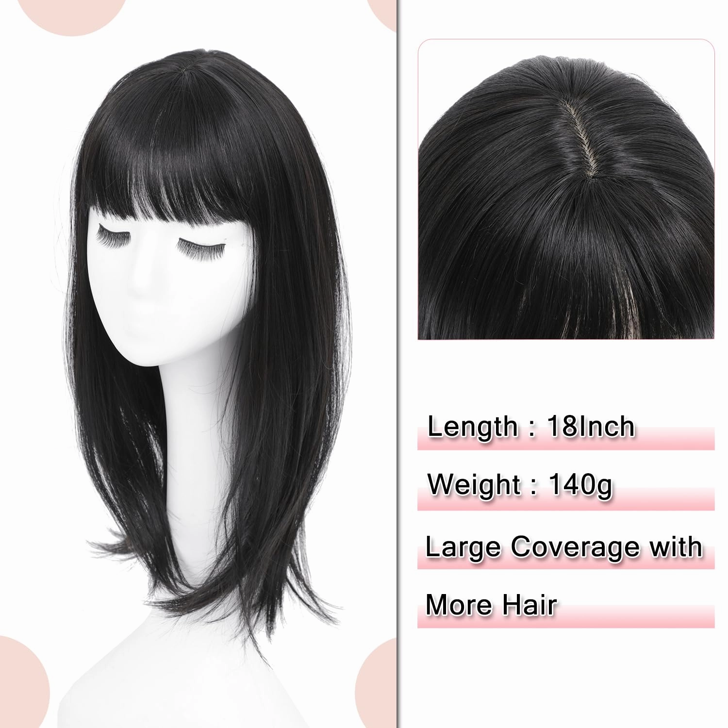 18inch Hair Topper with Bangs Synthetic 6.5"X6.5" Big Base Cover Daily Wear Clip in Hairpieces for Women with Thinning Hair Add Volume(Natural Black)