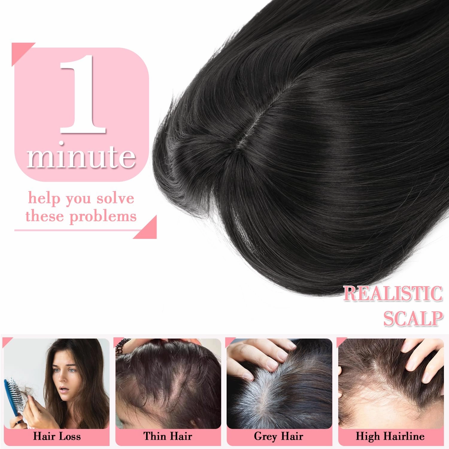 18inch Hair Topper with Bangs Synthetic 6.5"X6.5" Big Base Cover Daily Wear Clip in Hairpieces for Women with Thinning Hair Add Volume(Natural Black)
