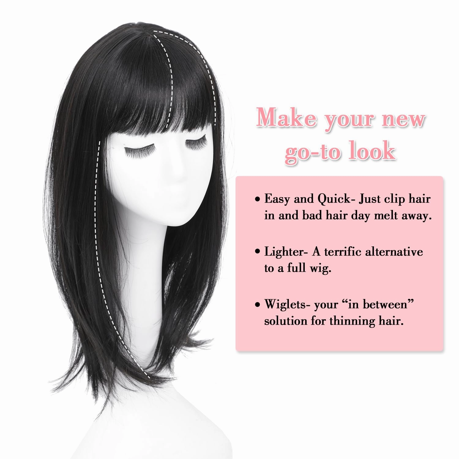 18inch Hair Topper with Bangs Synthetic 6.5"X6.5" Big Base Cover Daily Wear Clip in Hairpieces for Women with Thinning Hair Add Volume(Natural Black)