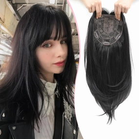 18inch Hair Topper with Bangs Synthetic 6.5"X6.5" Big Base Cover Daily Wear Clip in Hairpieces for Women with Thinning Hair Add Volume(Natural Black)
