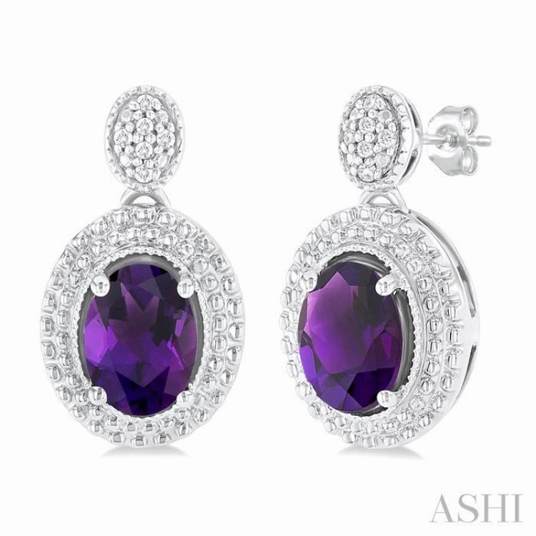 1/20 ctw Oval Cut 7X5 MM Amethyst and Round Cut Diamond Semi Precious Earring in Sterling Silver