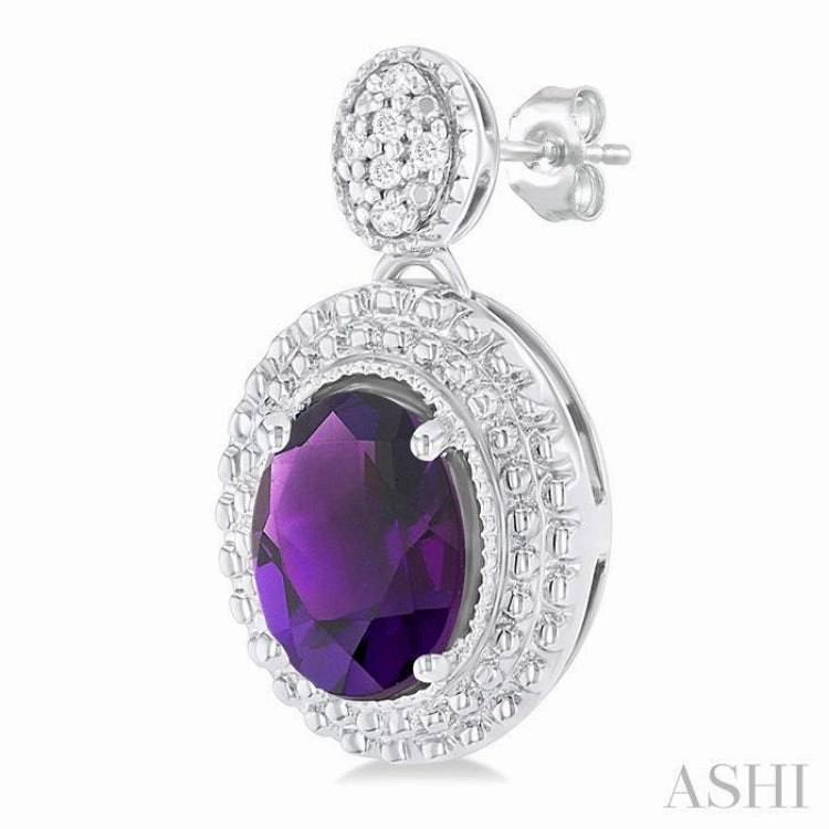 1/20 ctw Oval Cut 7X5 MM Amethyst and Round Cut Diamond Semi Precious Earring in Sterling Silver