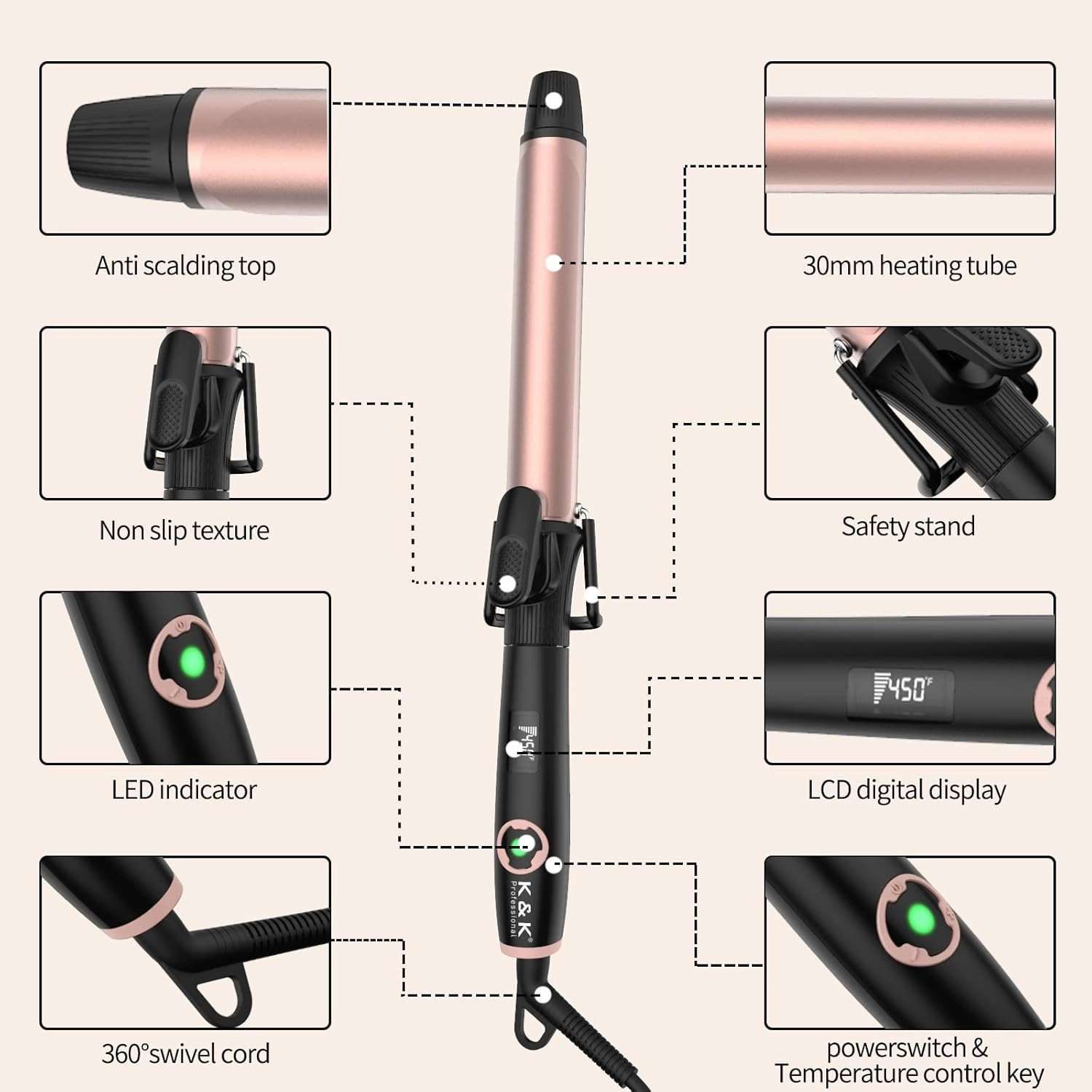 1.2 Inch Curling Iron with Clipped Tourmaline Ceramic Barrel Professional 1 1/5 Inch Hair Curler up to 450°F Dual Voltage for Traveling 60 Mins Auto Off Suit for Different