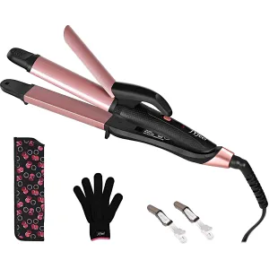 2 in 1 Flat Iron Curling Iron in One, Travel Hair Straightener and Curler Dual Voltage Mini Straightener Curler Combo with 1 Inch Ceramic Plate Rose Gold