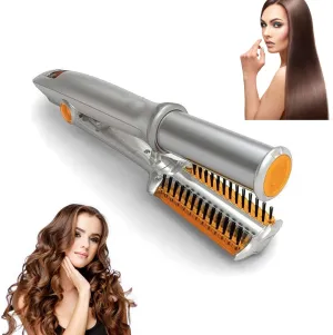 2 in1 Hair Curler Straighter Rotating Iron, Curling Iron Wand for Hair Curling and Straighting, Dry and Wet Styling Tool for Girls Women (Gold)