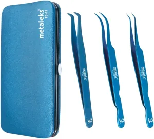 3 Pcs Russian Volume Japanese Stainless Steel Tweezers for Eyelash Extension (Blue Titanium Coated.)