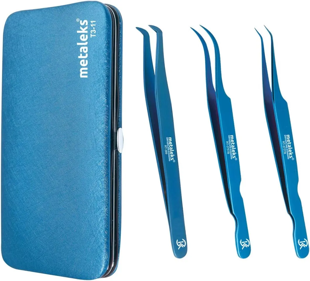 3 Pcs Russian Volume Japanese Stainless Steel Tweezers for Eyelash Extension (Blue Titanium Coated.)