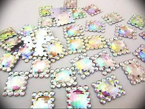 36 Sew On Rectangle Shape Crystal Ab Rhinestone Acrylic Jewel/Hole E16-13mmx16mm Ribbon Lace Trim Embroidery Applique Fabric Grosgrain Delicate DIY Art Craft Supply for Scrapbooking Gift Wrapping