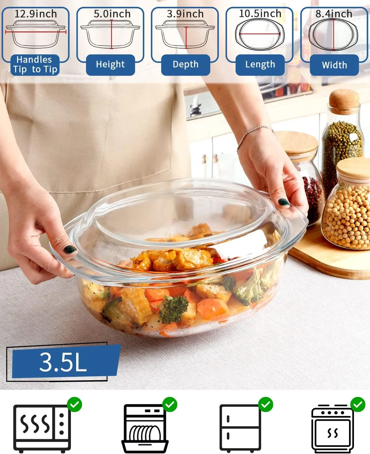 3.7QT Glass Casserole Dish with Lid, 3.5L Glass Covered Casserole Dish with Lid, Oval Glass Baking Glass Dish with Lid