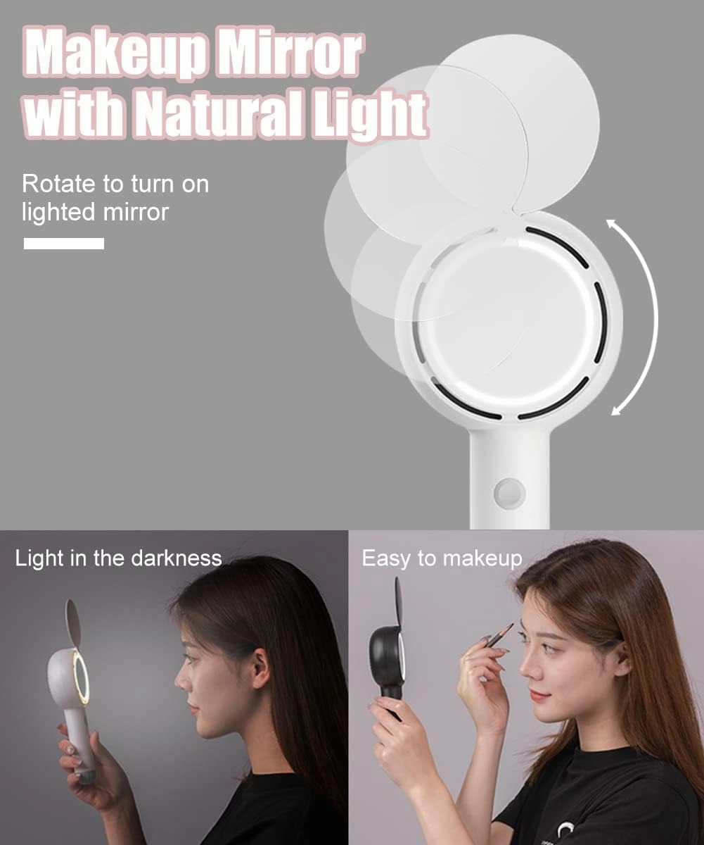 3-in-1 Mini Handheld Fan with Mirror for Makeup, Portable Makeup Fan USB Rechargeable Personal Cooling Fan Mini Eyelash Fan with Mirror and Fill Light, for Women Girls Travel Office