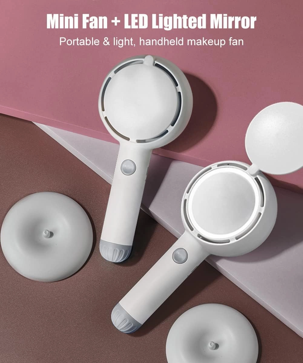 3-in-1 Mini Handheld Fan with Mirror for Makeup, Portable Makeup Fan USB Rechargeable Personal Cooling Fan Mini Eyelash Fan with Mirror and Fill Light, for Women Girls Travel Office