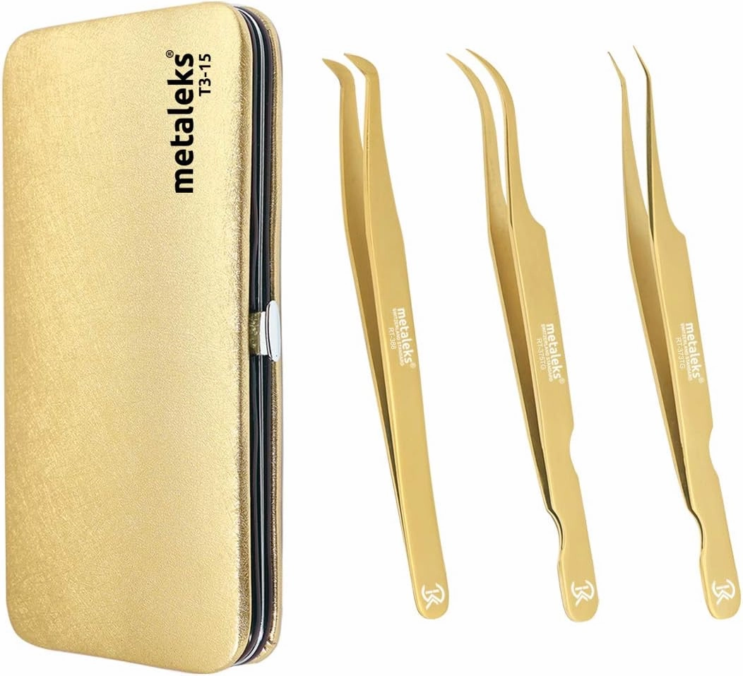 3 Pcs Russian Volume Japanese Stainless Steel Tweezers for Eyelash Extension (Golden Titanium Coated.)