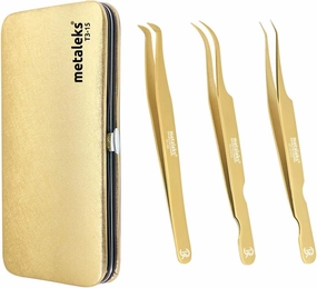 3 Pcs Russian Volume Japanese Stainless Steel Tweezers for Eyelash Extension (Golden Titanium Coated.)