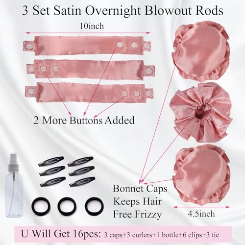 3 Sets Bun Bons Heatless Curls Satin Heatless Curling Set Overnight Curls Blowout Rods soft Hair Curlers to Sleep in with Bonnet Cap No Heat Silk Wrap Headband Roller SPink