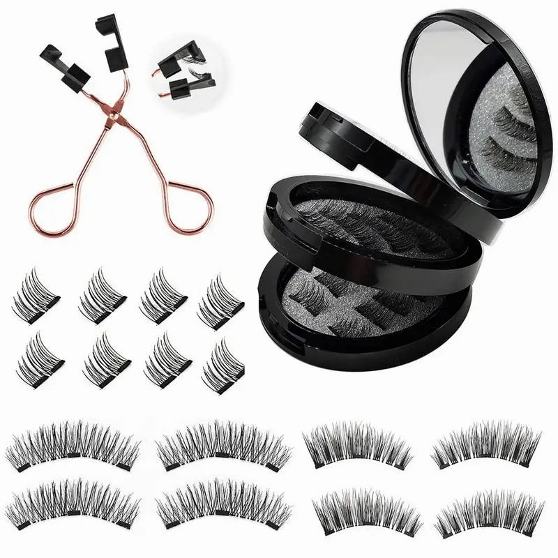 3D Dual Magnetic Eyelashes Kit with Eyelash Curler 8 Pairs Reusable Easy to Wear Fake Eye Lashes Extension Makeups Kits