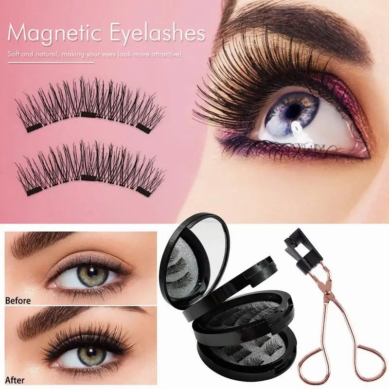 3D Dual Magnetic Eyelashes Kit with Eyelash Curler 8 Pairs Reusable Easy to Wear Fake Eye Lashes Extension Makeups Kits