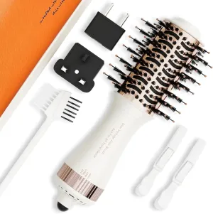 4-in-1 Travel Dual Voltage Hair Dryer Brush Blow Dryer Brush,Portable 2 inch Mini Hot Air Brush,Travel Hair Styler/Volumizer/Straightener/Curler,110-240V European Blow Dry Brush with EU&UK Plug